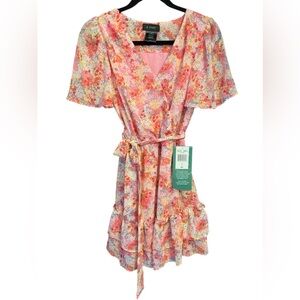 B. Smart Women’s Dress Midi size 3 Pink Multicolor Floral V-neck with tie